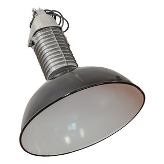 HDK Black Enamel Factory Pendant Light with Low Shade and Cast Aluminum Top from Philips, Holland, 1950s For Sale