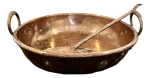 Large Antique George III Copper Pan with Copper Skimmer, 1800, Set of 2