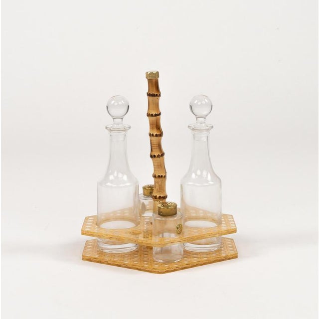 Midcentury beautiful condiment set (vinegar, oil, salt and pepper) in lucite, wicker, bamboo, brass and crystal ( Royal...