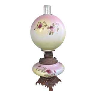 Antique Victorian Electrified GWTW Oil Lamp With Hand-Painted Floral Double Glass Shades For Sale