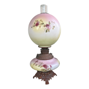 Antique Victorian Electrified GWTW Oil Lamp With Hand-Painted Floral Double Glass Shades