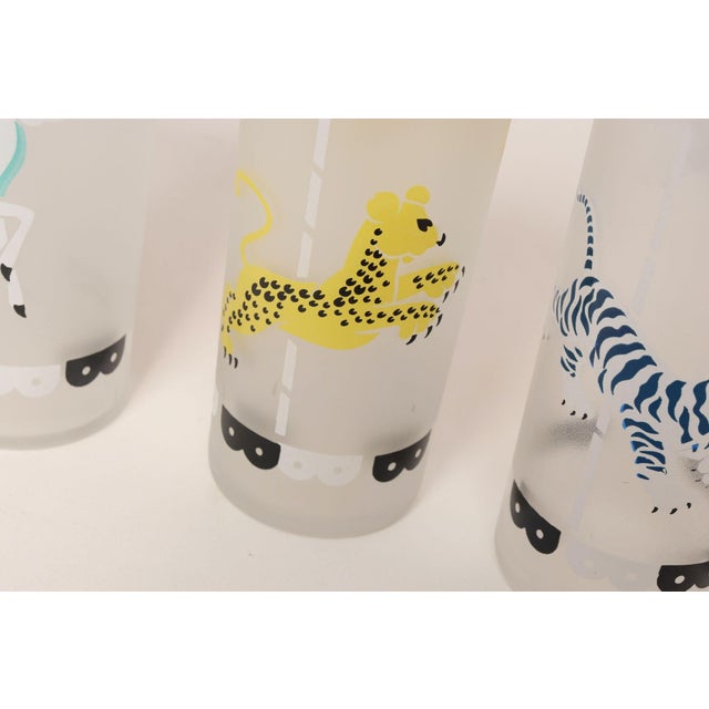 Set of Eight Vintage Frosted Glasses With Animal Carousel Motif by Libbey With Carrier For Sale - Image 11 of 18