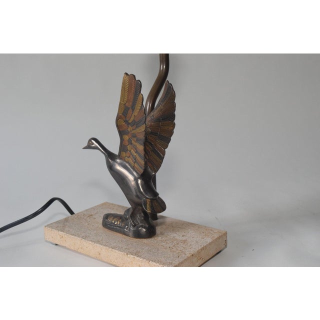 Metal Duck Table Lamp in Bronze-Toned Metal on Travertine Base, 1970s For Sale - Image 7 of 9