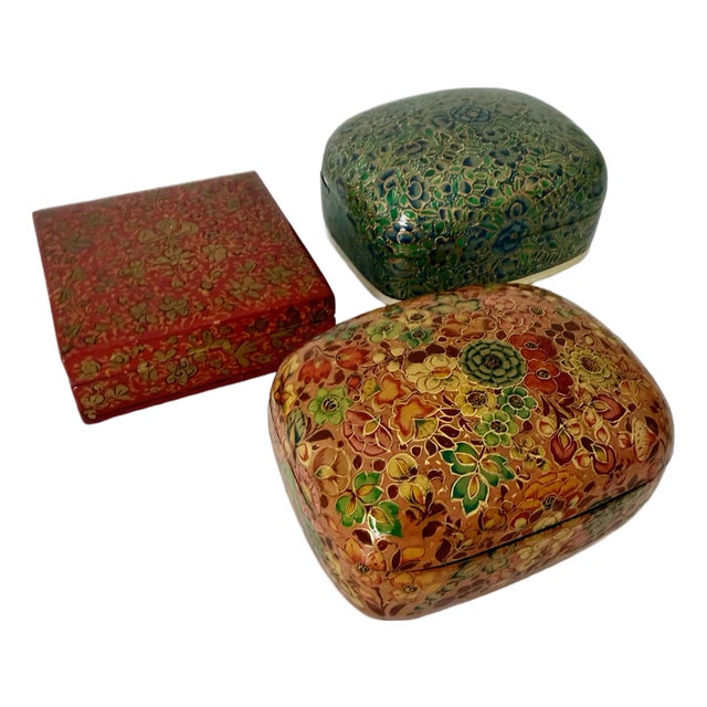 Kashmir Painted & Decoupage Boxes, 3/Set For Sale