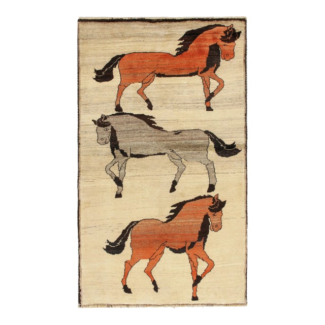 1950s Vintage Persian Rug in Beige With Horse Pictorials by Rug & Kilim For Sale