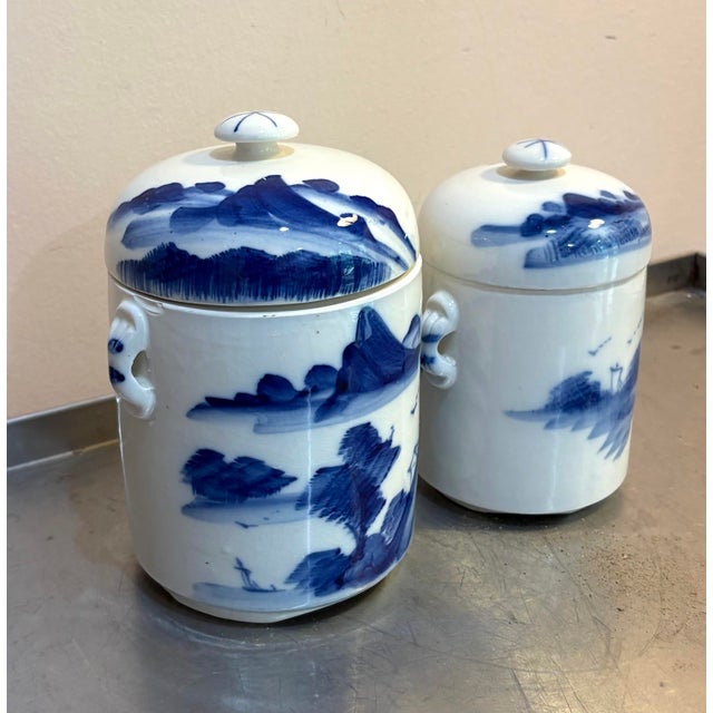 Blue/White Hand-Painted Asian Ceramic Canisters Set of Two For Sale - Image 4 of 7