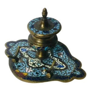 1900s Brass Asian Champleve Ink Well