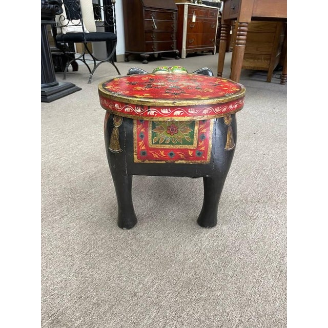 Mid 20th Century Vintage Handpainted Solid Wooden Elephant FootStool, 15 Inches Tall, Indian Style For Sale - Image 5 of 8