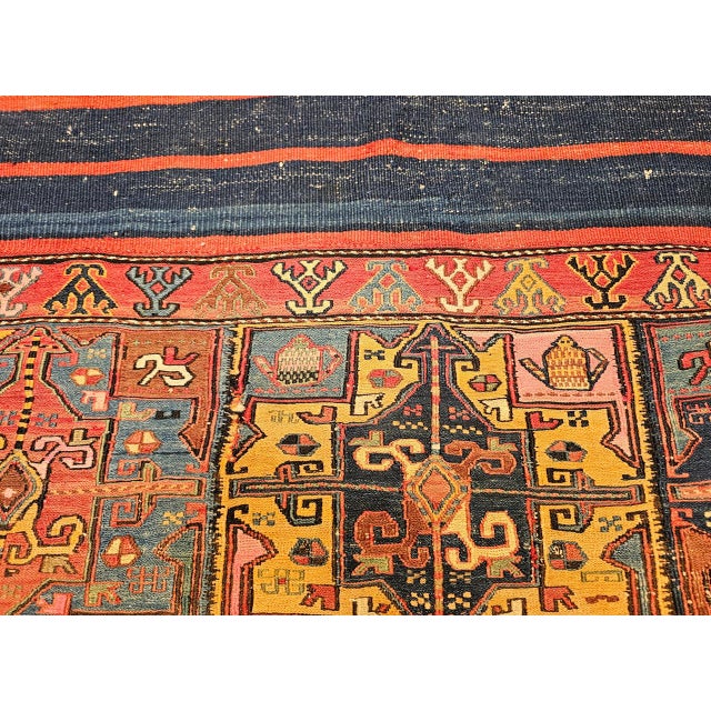 19th Century Caucasian Soumak Rug, Hand-Knotted Wool,Tapestry Tribal Wall Art, 4' x 5' For Sale - Image 11 of 18