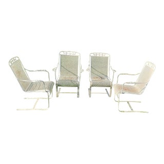 Set of 4 Wrought Iron Cantilever Rocker Garden Patio Chairs Dogwood, Attributed For Sale