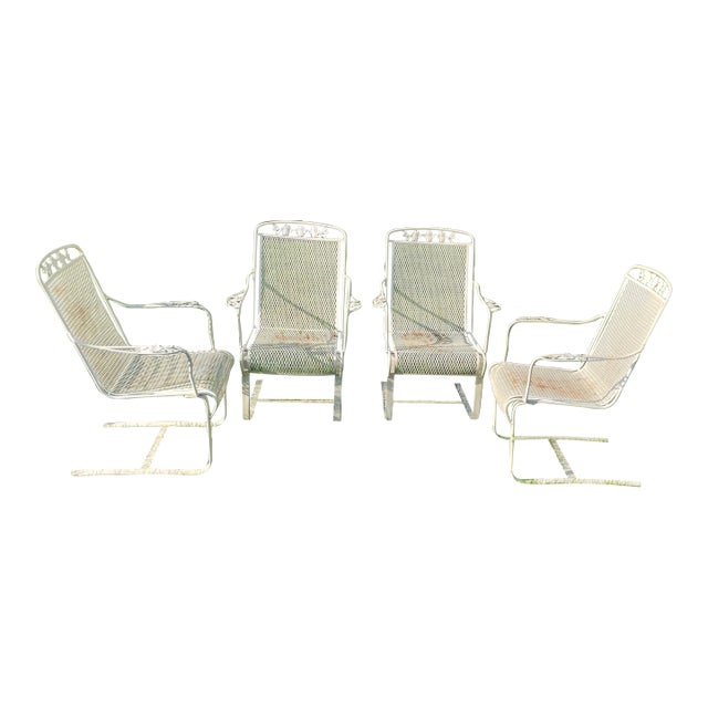 Set of 4 Wrought Iron Cantilever Rocker Garden Patio Chairs Dogwood, Attributed For Sale