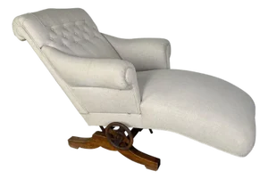 Victorian Style Adjustable Sherz Lounge Chair, Wood & Linen, France