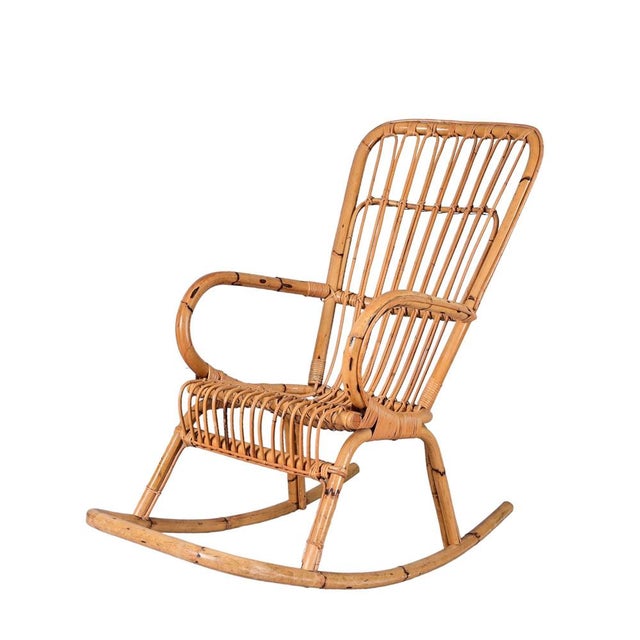Brown Mid-Century Italian French Riviera Curved Rattan and Bamboo Rocking Chair, 1970s For Sale - Image 8 of 18