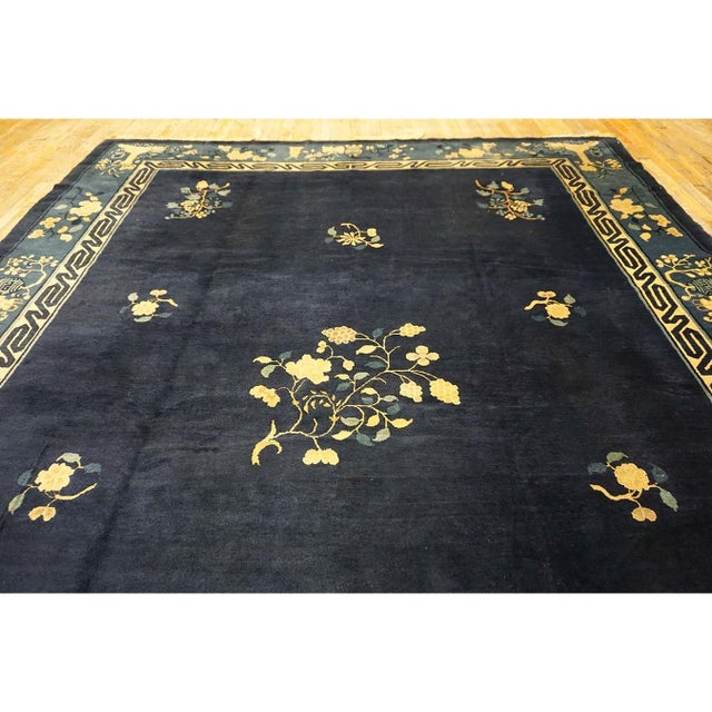 1920s Blue Navy Vase Floral Antique Chinese Peking Carpet Knotted Wool Deco Rug For Sale - Image 9 of 10
