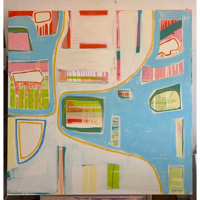 Large Contemporary Abstract Acrylic Painting – Sky Blue & Coral Geometric Grid For Sale - Image 10 of 10