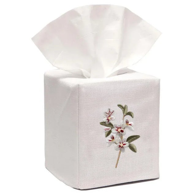 2020s Apple Blossom Tissue Box Cover in White Linen & Cotton, Embroidered For Sale - Image 5 of 5