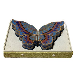 Large Vintage Handmade Chinese Cloisonné Enamel Brass Butterfly Trinket Box Jar For Sale