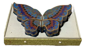Large Vintage Handmade Chinese Cloisonné Enamel Brass Butterfly Trinket Box Jar