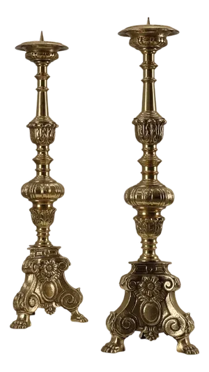 Large Antique Decorated Bronze Church Candle Sticks, 1890s, Set of 2