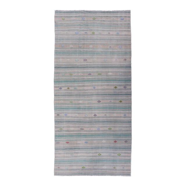 Vintage Hand-Woven Turkish Kilim Gallery Rug in Wool With All-Over Stripe Design For Sale