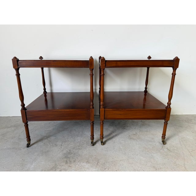 Hekman Regency Style Olive Wood & Mahogany End Tables With Drawer and Casters – A Pair For Sale - Image 4 of 12
