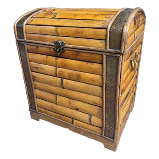 Midcentury Campaign Split Bamboo and Copper Trunk With Domed Lid For Sale