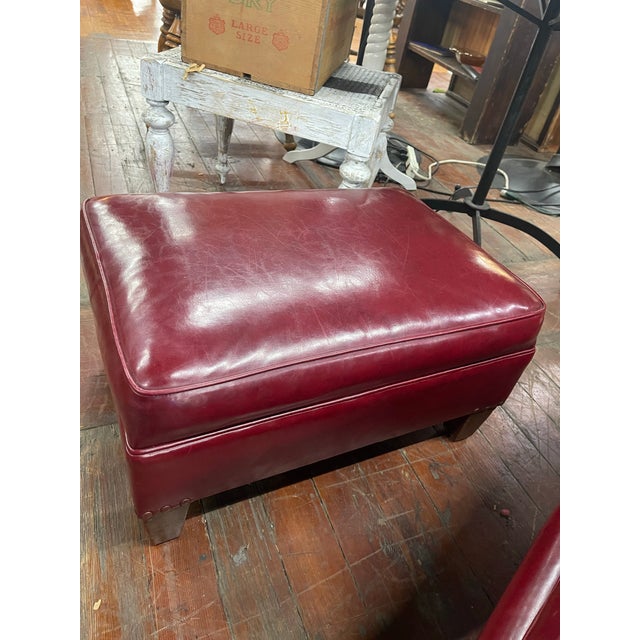 Traditional Vintage Burgundy Leather Club Chair With Matching Ottoman For Sale - Image 3 of 6