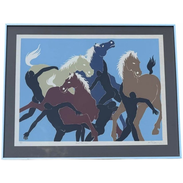A striking surrealist composition featuring stylized horses and nude human figures in an unusual, theatrical arrangement....