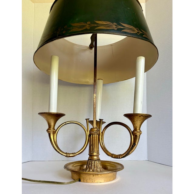 Early 20th Century Brass Bouillotte Lamp With Horn-Form Arms & Adjustable Green Tôle Shade For Sale - Image 12 of 12