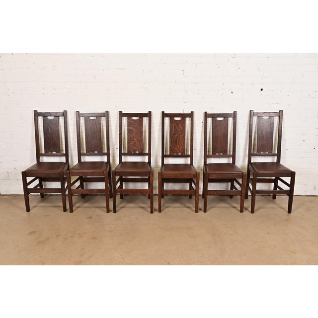 Mission Gustav Stickley Antique Mission Oak Arts & Crafts H-Back Dining Chairs With Leather Seats, Newly Restored For Sale - Image 3 of 11