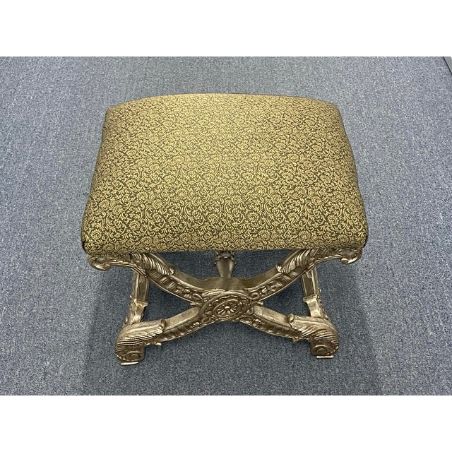 French Empire Style Carved X-Form Bench / Ottoman, Footstool, Regency, Custom Upholstery For Sale - Image 9 of 12