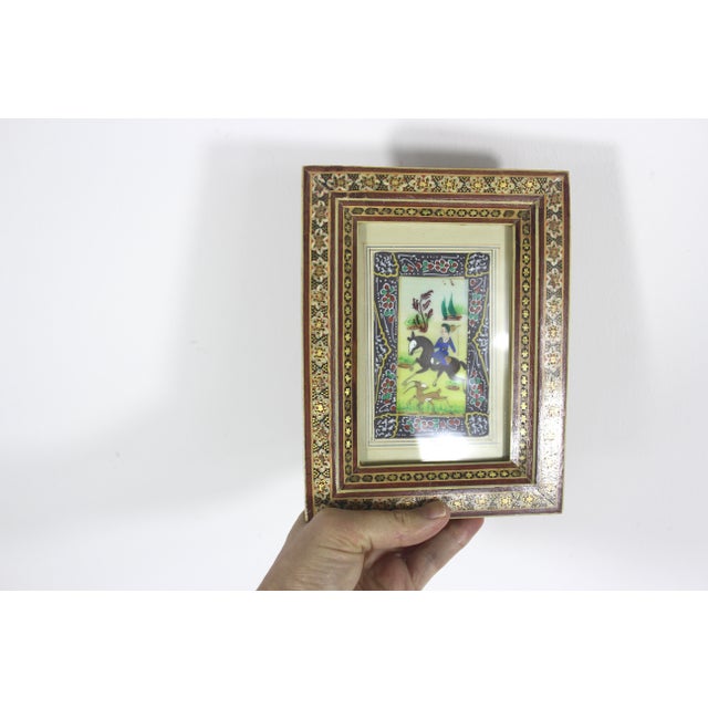 Vintage Miniature Hunting Painting in Persian Khatam Picture Frame With Bone, Wood and Brass Inlay, Table Top Easel Inlaid For Sale - Image 10 of 12