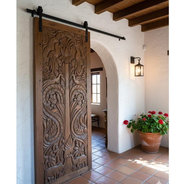 Brown Vintage Tree of Life Carved Barn Door With Birds | Nature-Inspired Reclaimed Wood Wall Panel 84x36 For Sale - Image 8 of 8