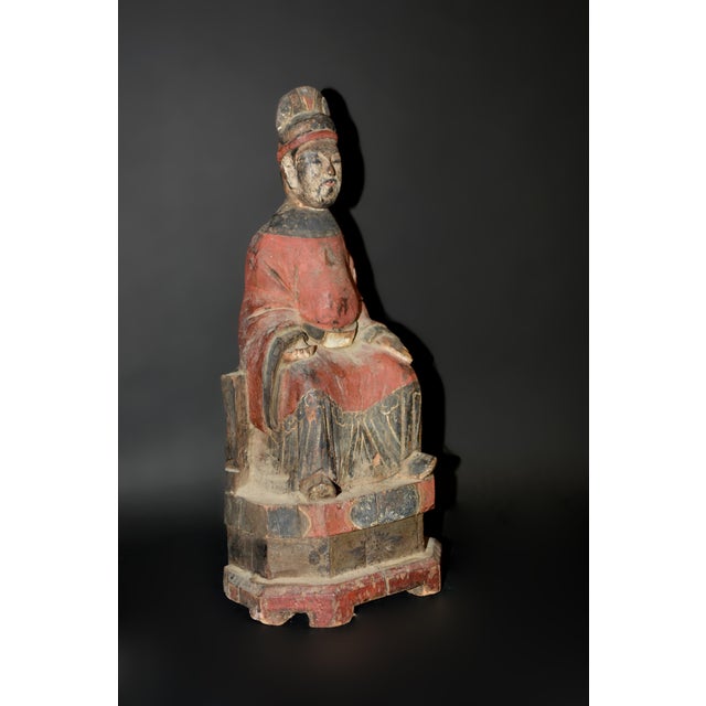 Antique Chinese Figure Ming Official Scholar Hand Painted Wood Statue For Sale - Image 12 of 18