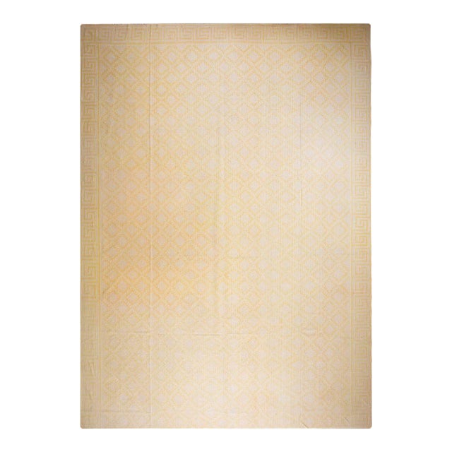 1920s Yellow Ivory Diamond Modern Antique Indian Dhurrie Rug 15' 0" X 24' 0" Cotton Flatweave Carpet For Sale