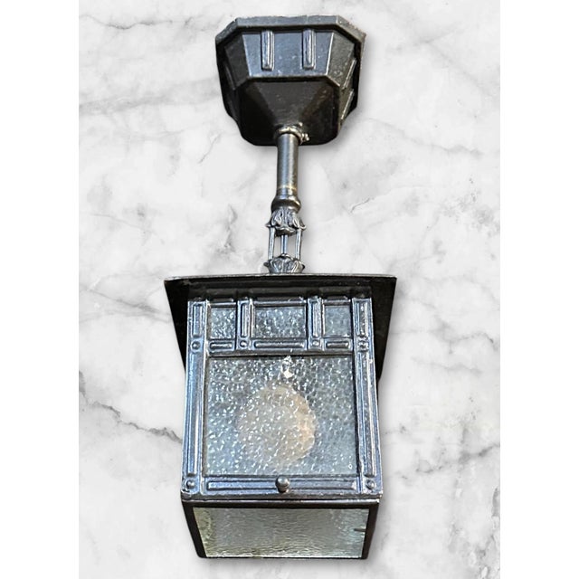 1910s 1910s Arts & Crafts Black Pendant Light With Ice Glass For Sale - Image 5 of 8
