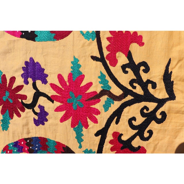 Yellow Antique Uzbekistan Suzani Runner With Colorful Peacock and Botanical Design For Sale - Image 8 of 14