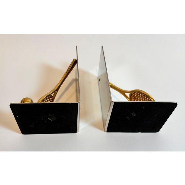 Pair of Vintage Brass and Chrome Tennis Racket and Ball Bookends C. 1980s Usa For Sale - Image 9 of 10