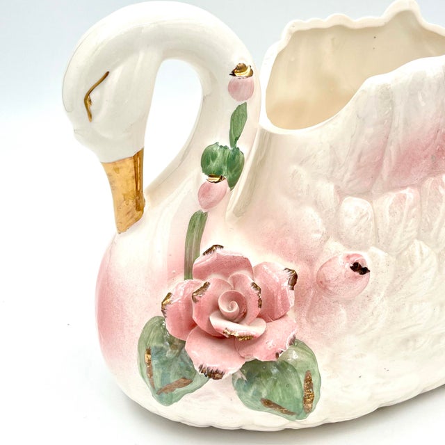 Farmhouse Vintage Pink and Gold Lusterware Ceramic Large Swan Planter Centerpiece For Sale - Image 3 of 11