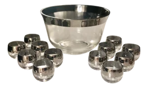 Mid-Century Iconic Dorothy Thorpe Silver Rim Punch Bowl & Roly Poly Glass, Service for Twelve