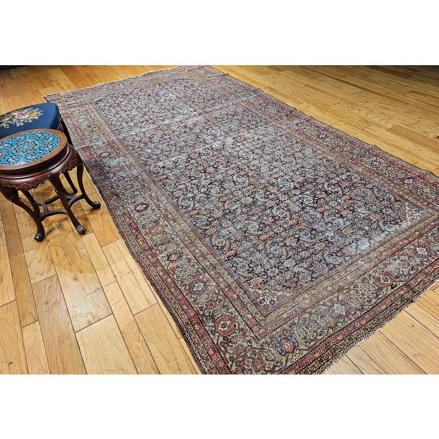 19th Century 19th Century Persian Farahan Gallery Rug, Hand-Knotted Wool, Allover Herati Pattern, Navy & Pistachio Green, 7x13 For Sale - Image 5 of 14