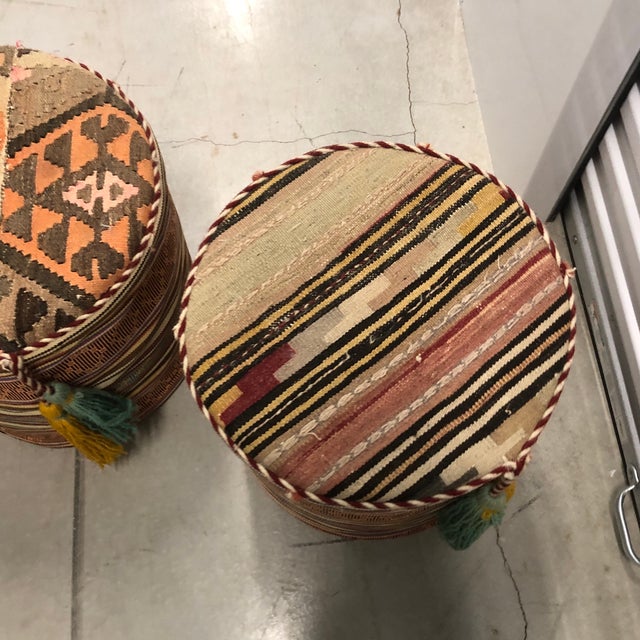 Mid 20th Century Orange & Brown Kilim Round Poufs/Ottomans With Tassels - Set of 3 For Sale - Image 5 of 10