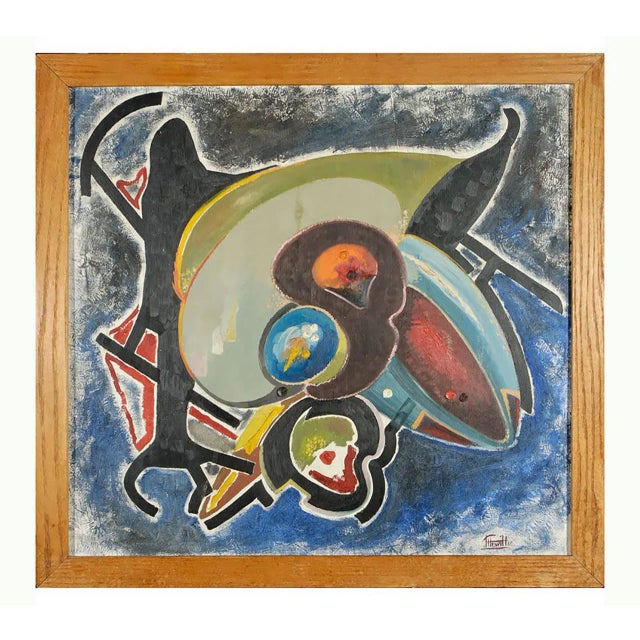 With a technique undoubtedly inspired by Braque, this 1960 abstract painting appears to be a surrealistic still life....