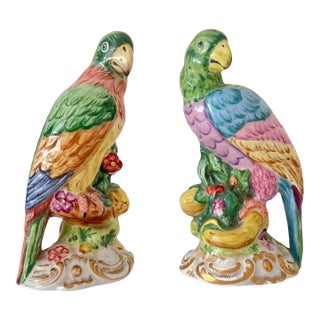 Early 20th Century Porcelain Parrot Bird Figurines Continental Meissen-Style — Pair For Sale