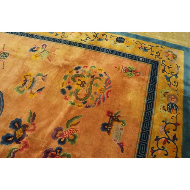 Textile 1920s Orange Dragon Medallion Antique Chinese Art Deco Carpet 8'10'' X 11'5'' Knotted Wool Rug For Sale - Image 7 of 12