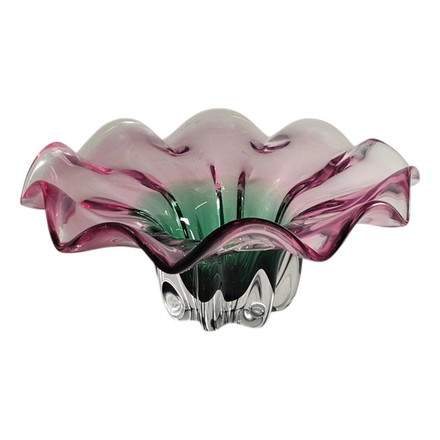 Murano Style Sommerso Art Glass Ruffled Centerpiece Bowl Pink Green 20" For Sale