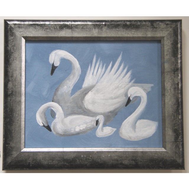 A family of swans in shades of white, gray blue. Minimalism, Americana, Contemporary, Folk Art, English Traditional....