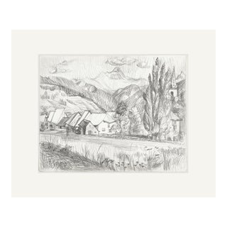 Vintage Mid-Century French Pencil Landscape Drawing on Paper With Mat For Sale