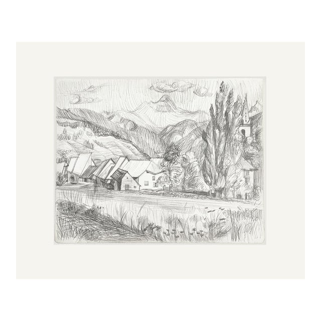 Vintage Mid-Century French Pencil Landscape Drawing on Paper With Mat For Sale