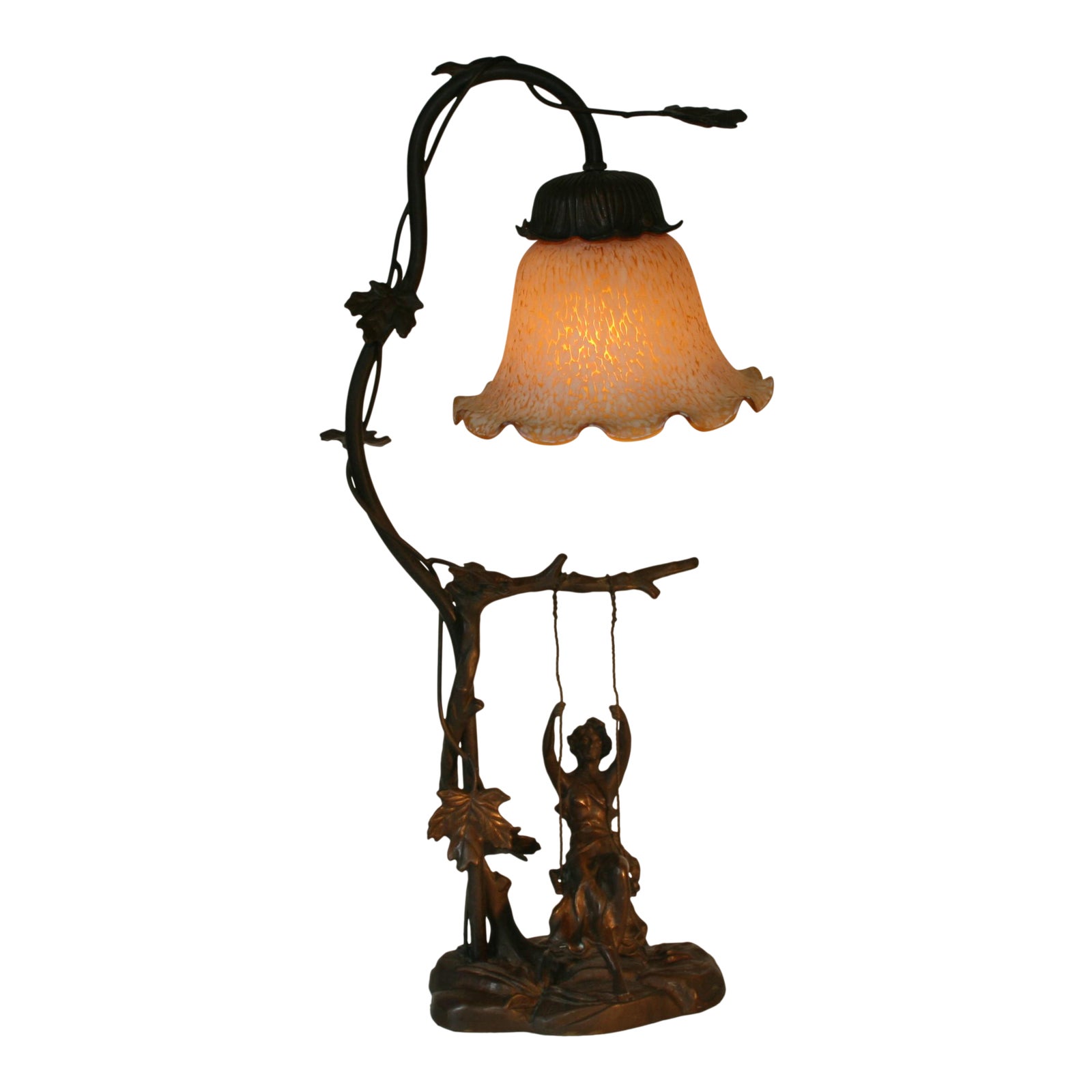 Art Nouveau Bronze M. Moreau Electric Table Lamp Girl on a Swing With